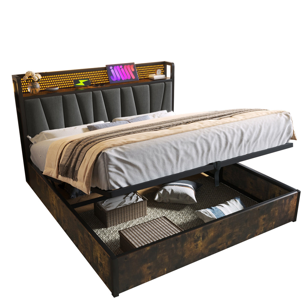 LED App-Control Double Bed With Rechargeable USB Charging Function Headboard And LED Lighting, Metal Bed 140x200cm Latticeroad Made Of Wood, Grey Without Mattress