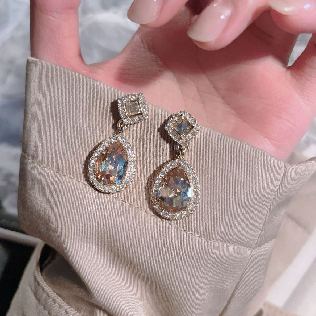 Exquisite Super Sparkling Paved Rhinestone Teardrop Stud Earrings, Niche Light Luxury Retro Baroque Court & Hong Kong Style Clip On Earrings For Women