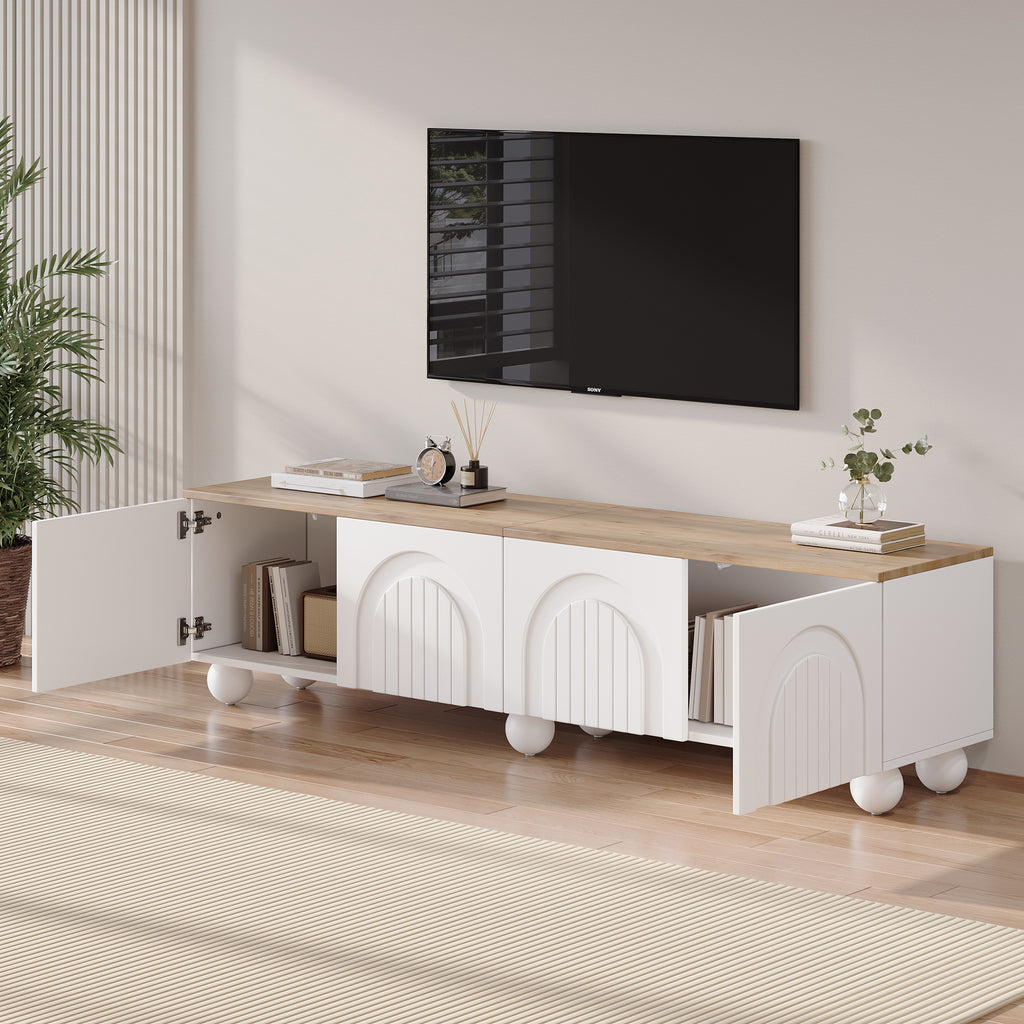 180x40x45cm TV Cabinet With 4 Cabinets,TV Stand And TV Cabinet With 6 Ball Base Metal Legs, Lowboard And TV Stand,TV Board And TV Dresser Suitable For TVs Around 80 Inches, Wood Color White