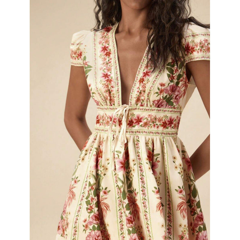 Bohemian-style Vacation Casual V-neck Lace-up Floral Slimming Dress For Women