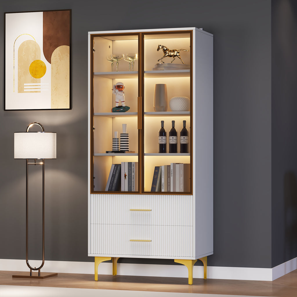 Elegant Glass Display Case With Two Doors - 70x35x150cm - Glass Doors, Golden Legs, Movable Shelves, Display Case With App LED Light, Cabinet, Glass Display Cabinet, Tall Cabinet, Standing Display Cas