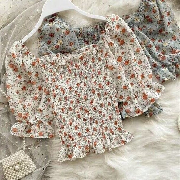 Square-neck Chiffon Floral Womens Summer Short-sleeve Top