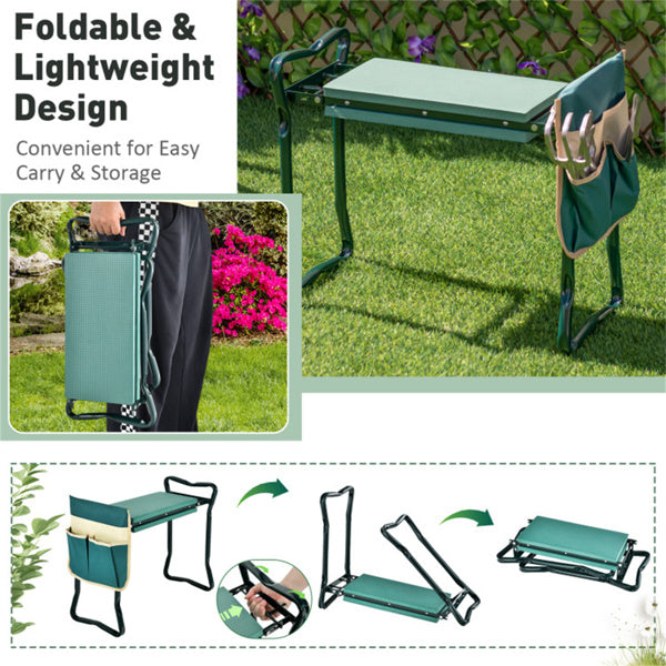 Green 2-in-1 Garden Folding Stool Kneeler, 300LBS Capacity & Built-in Tool Pouch