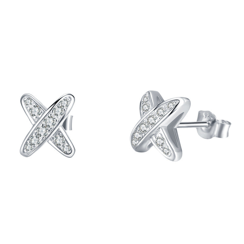 S925 Sterling Silver X-Shape Stud Earrings, D-VVS1 Moissanite Pave, Platinum Plated 1.5g Women's Jewelry Gift Box