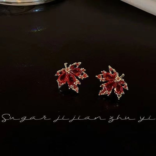 2026 New Red Maple Leaf Stud Earrings, Niche High-End Light Luxury Exquisite Designer Elegant Fashion Ear Jewelry For Women
