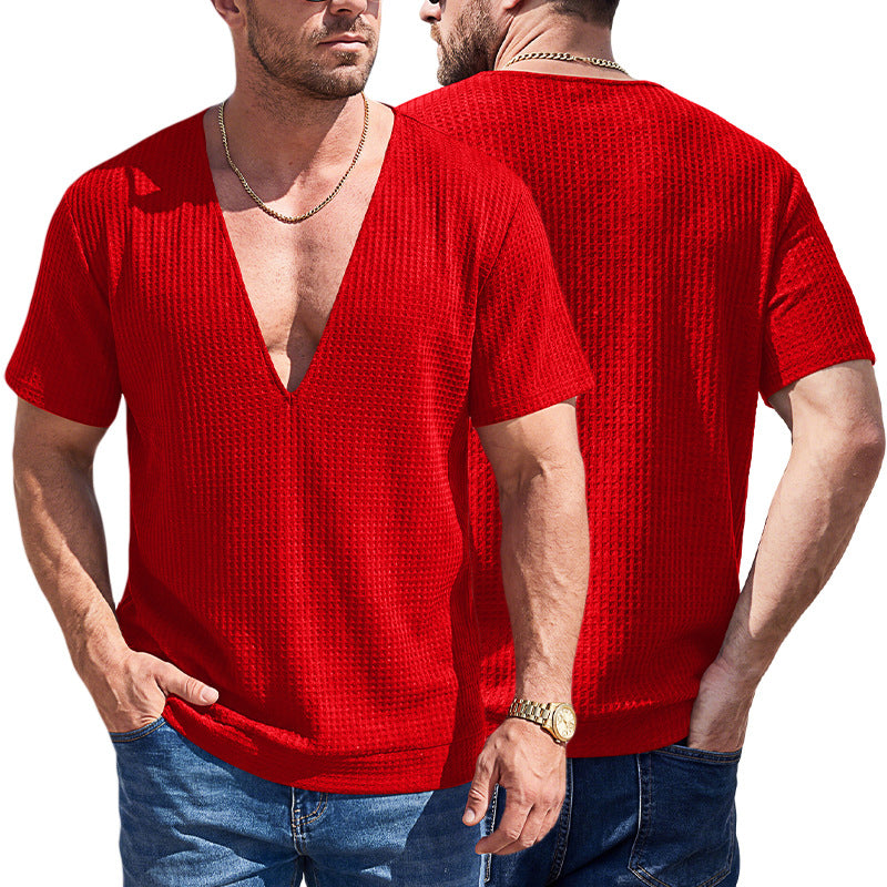 Mens Solid-Color Waffle-Weave Deep-V Short-Sleeve T-Shirt