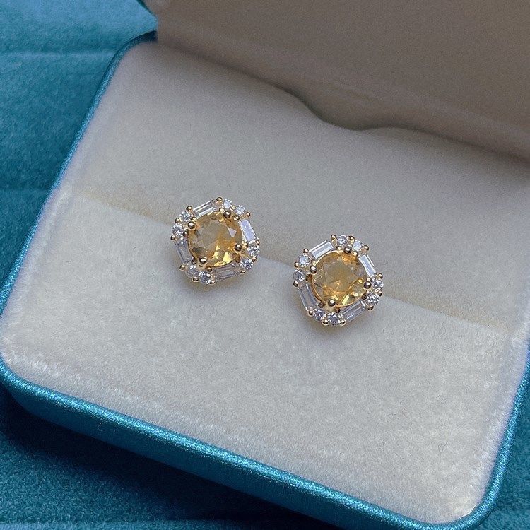 High Grade Inlaid Citrine Copper Silver Plated Stud Earrings, Fashion Light Luxury Premium Earrings For Wealth & Good Fortune