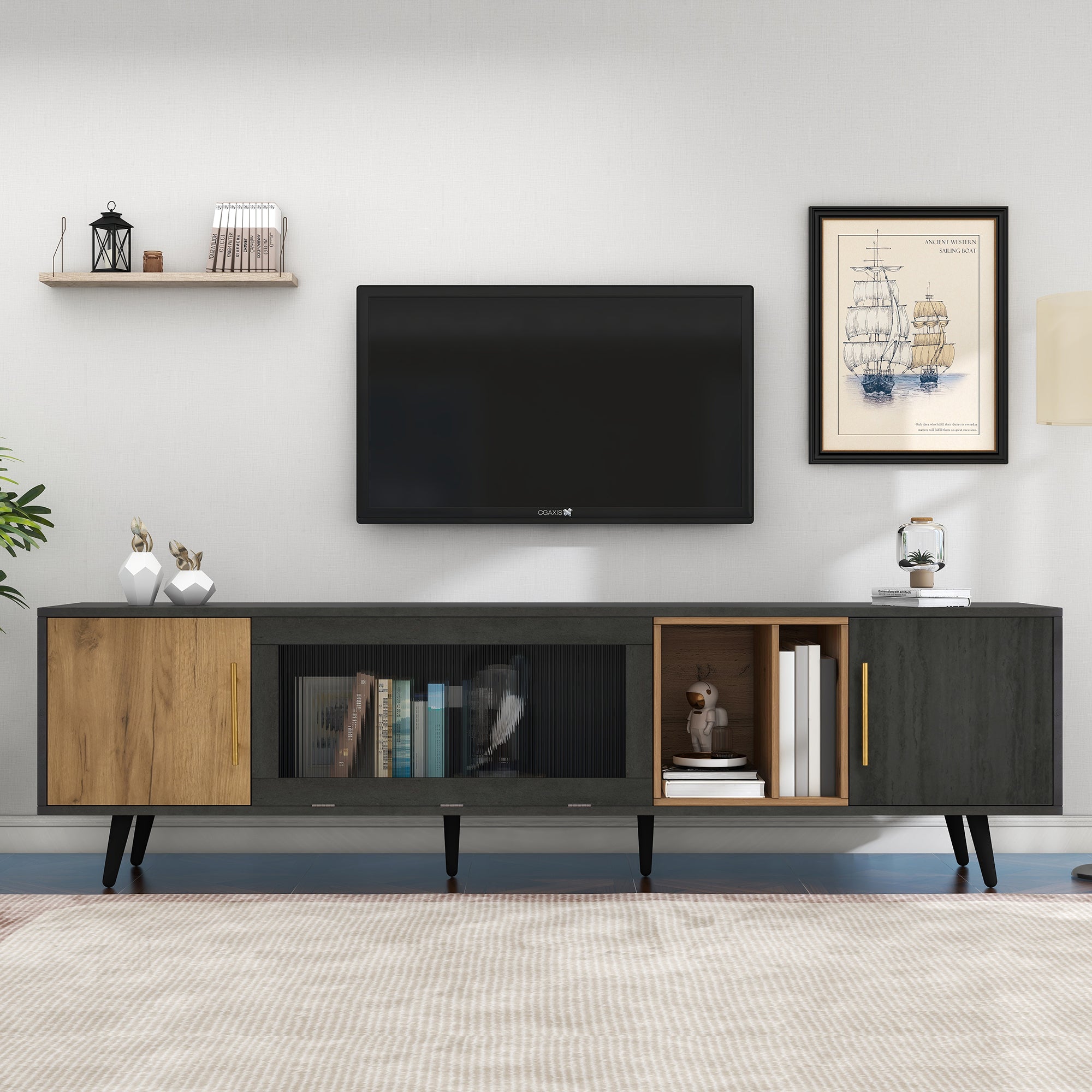 307691692GAA Elegant TV Cabinet, 200x40x55.5 Cm, Dark Wood, Grey And Wood Grain, Suitable For A 90 TV