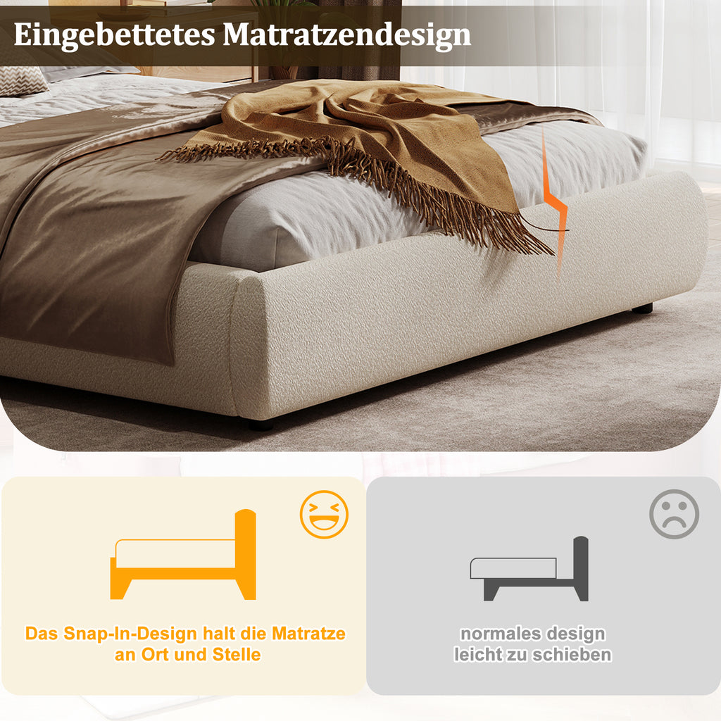 Upholstered Bed, Double Bed, 180x200cm, Bed With Slatted Base And Upholstered Headboard, Beige Boucle