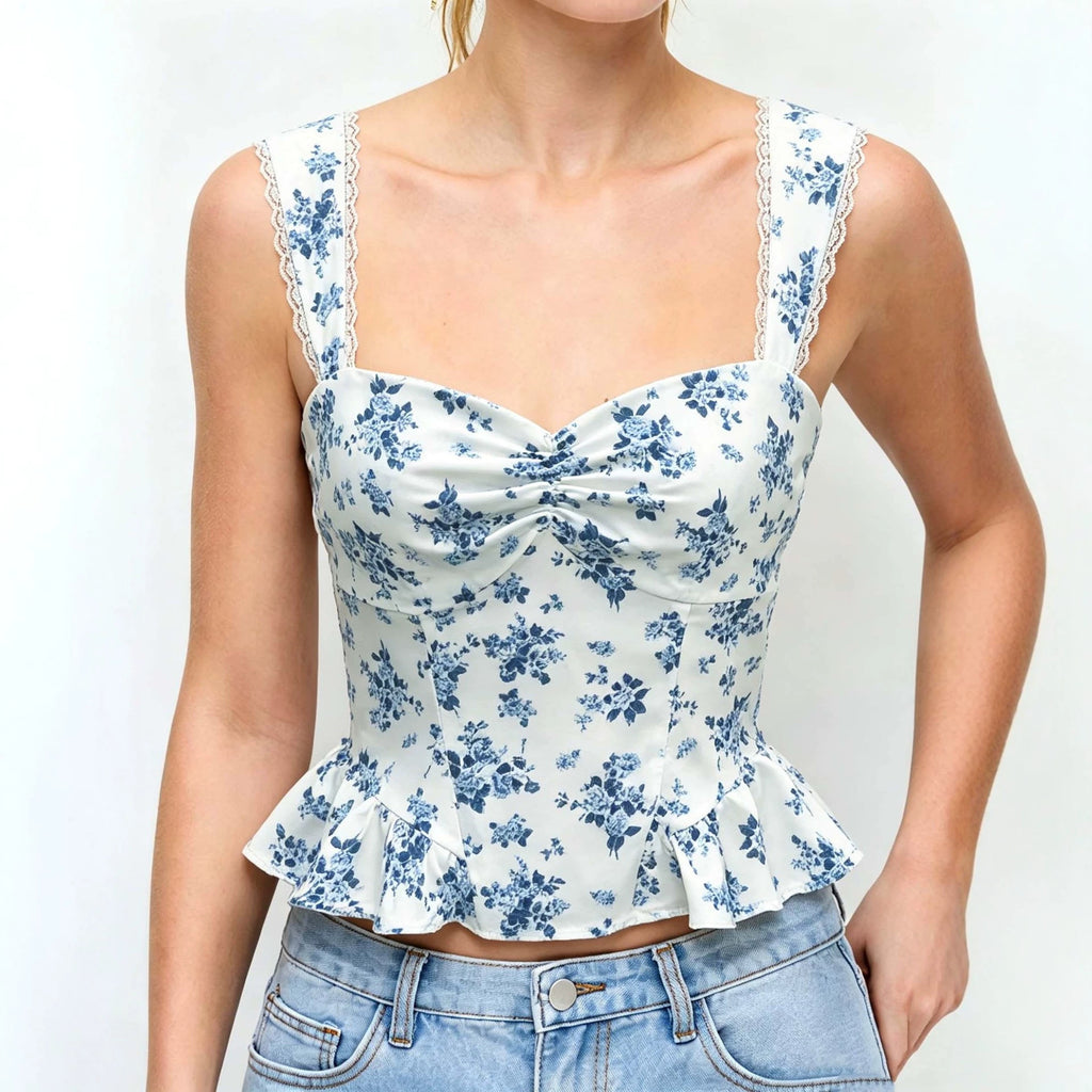 Summer New White-base Top With Blue Floral Print Strapless Style