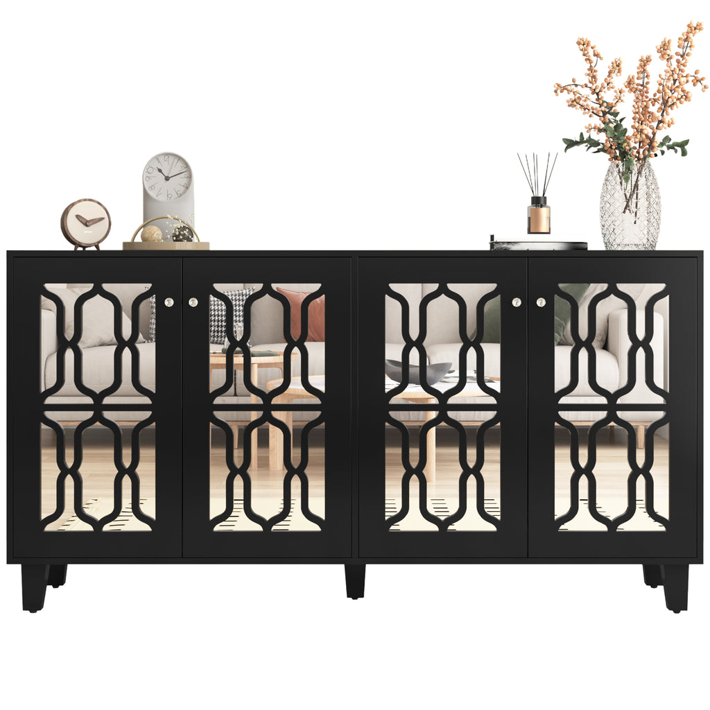 Schwarz Verspiegelte Anrichte Mit Kuhlen Kristallgriffen, Vier Turen, Mit Beweglichem Laminat.fur Wohn- Und Esszimmer, 160 X 40 X 84cm