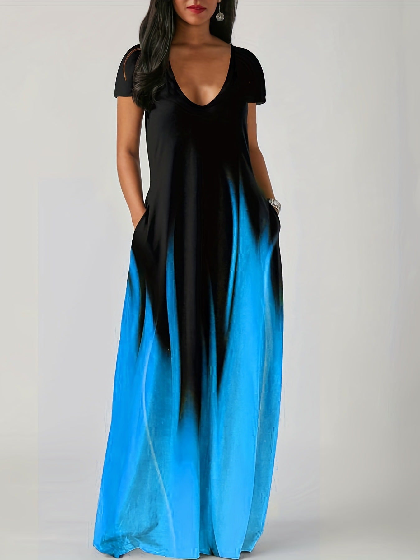 Women's Ombre Gradient Short Sleeve Maxi Dress With Pockets Casual V-Neck Loose Fit Long Dress For Summer