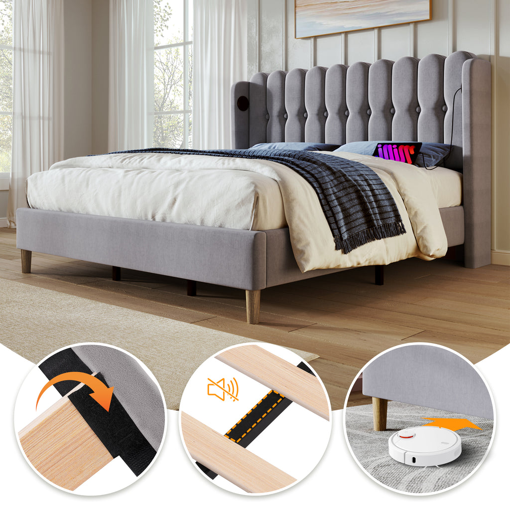 Upholstered Bed Double Bed With USB Type C Charging Function, Bed Frame With Slatted Frame, Upholstered Bed In Grey, 160 X 200 Cm Bed Frame Youth Bed For Bedroom Guest Room Linen Material