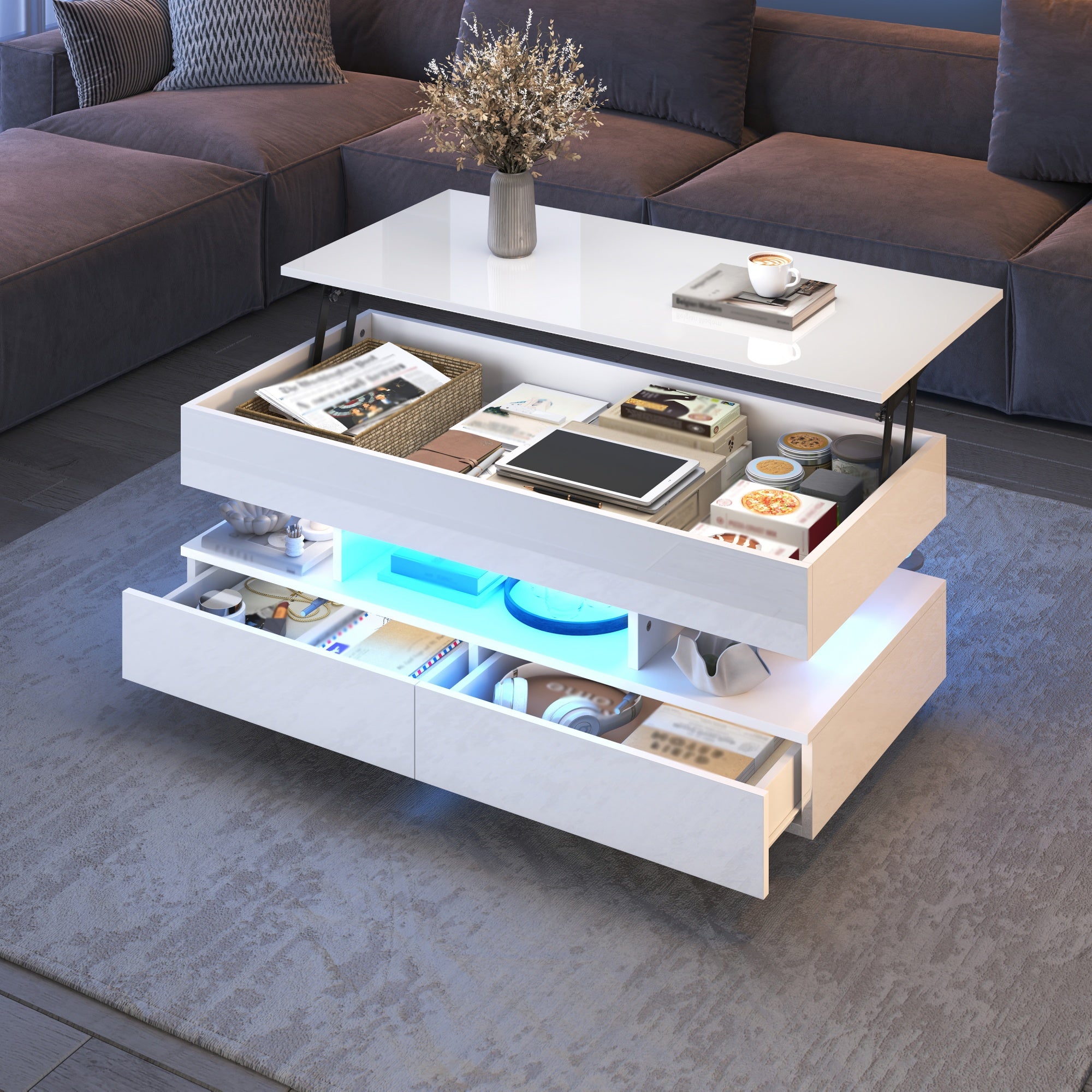 100x50x45cm Height Adjustable Coffee Table With LED & Storage Space, High Gloss Living Room Table, Coffee Table, Side Table, Lift-Top Coffee Table Up To 58.5cm, 50kg Load Capacity