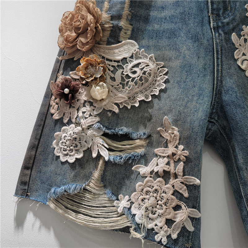 Lace-floral Patchwork, Brushed-texture Distressed Denim Shorts With Rhinestones And A Back Elastic Waist