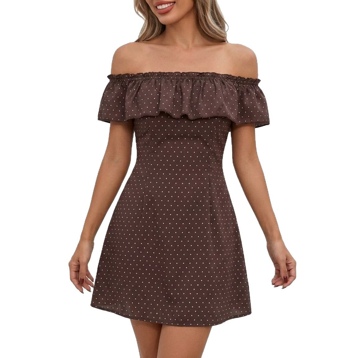 Womens Polka-dot Off-shoulder Dress