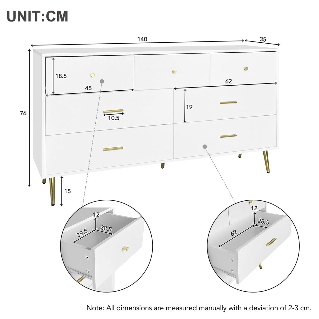White Sideboard,7 Drawers, Gold Handles, Gold Legs, Smooth Drawer Runners, 140 X 35 X 76 Cm  Dining Room Sideboard  Kitchen Cabinet Storage Unit  Chest Of Drawers