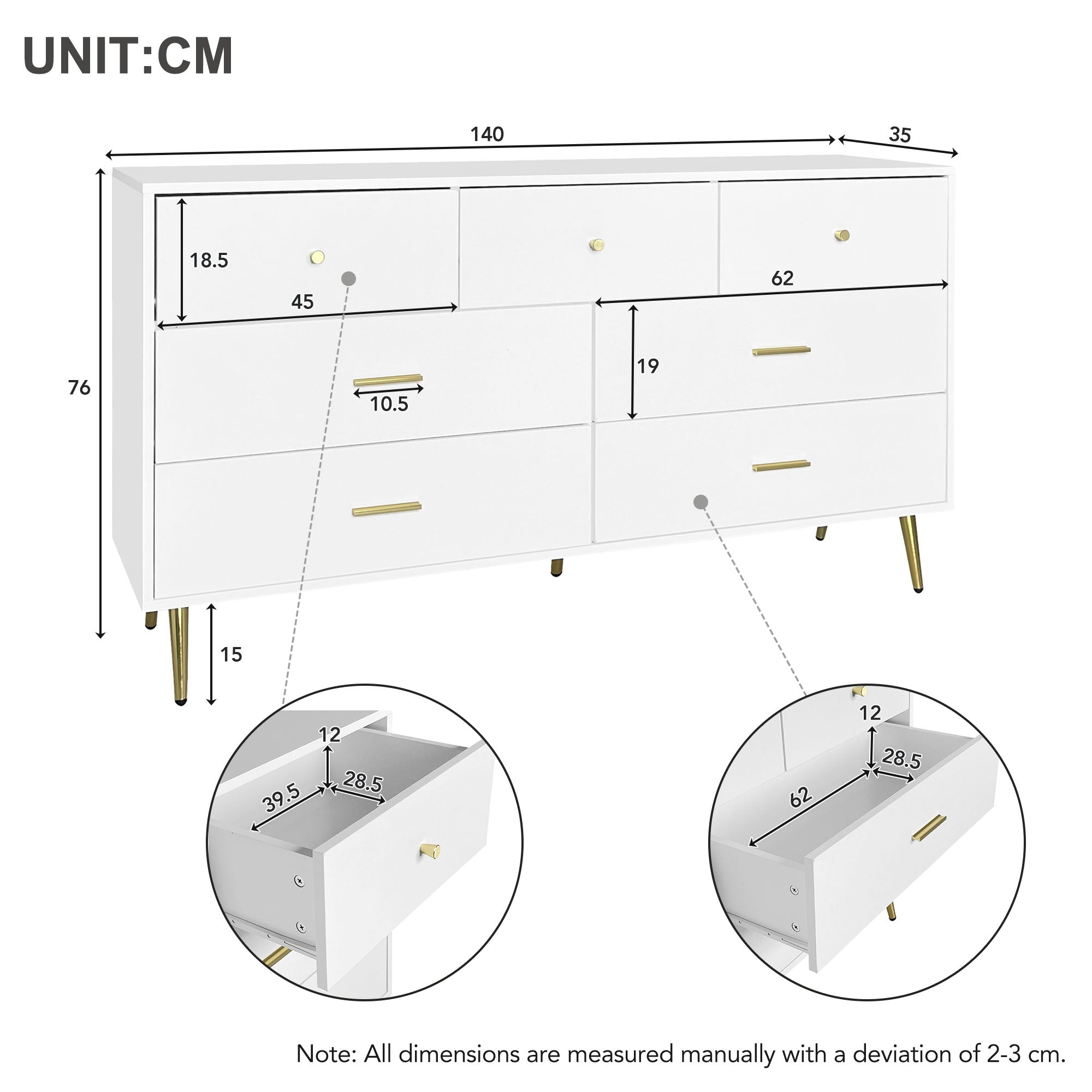 White Sideboard,7 Drawers, Gold Handles, Gold Legs, Smooth Drawer Runners, 140 X 35 X 76 Cm  Dining Room Sideboard  Kitchen Cabinet Storage Unit  Chest Of Drawers