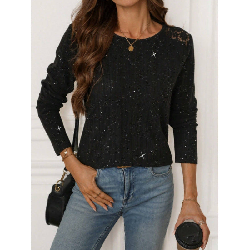 Womens Sequined Rib-Knit Casual Top