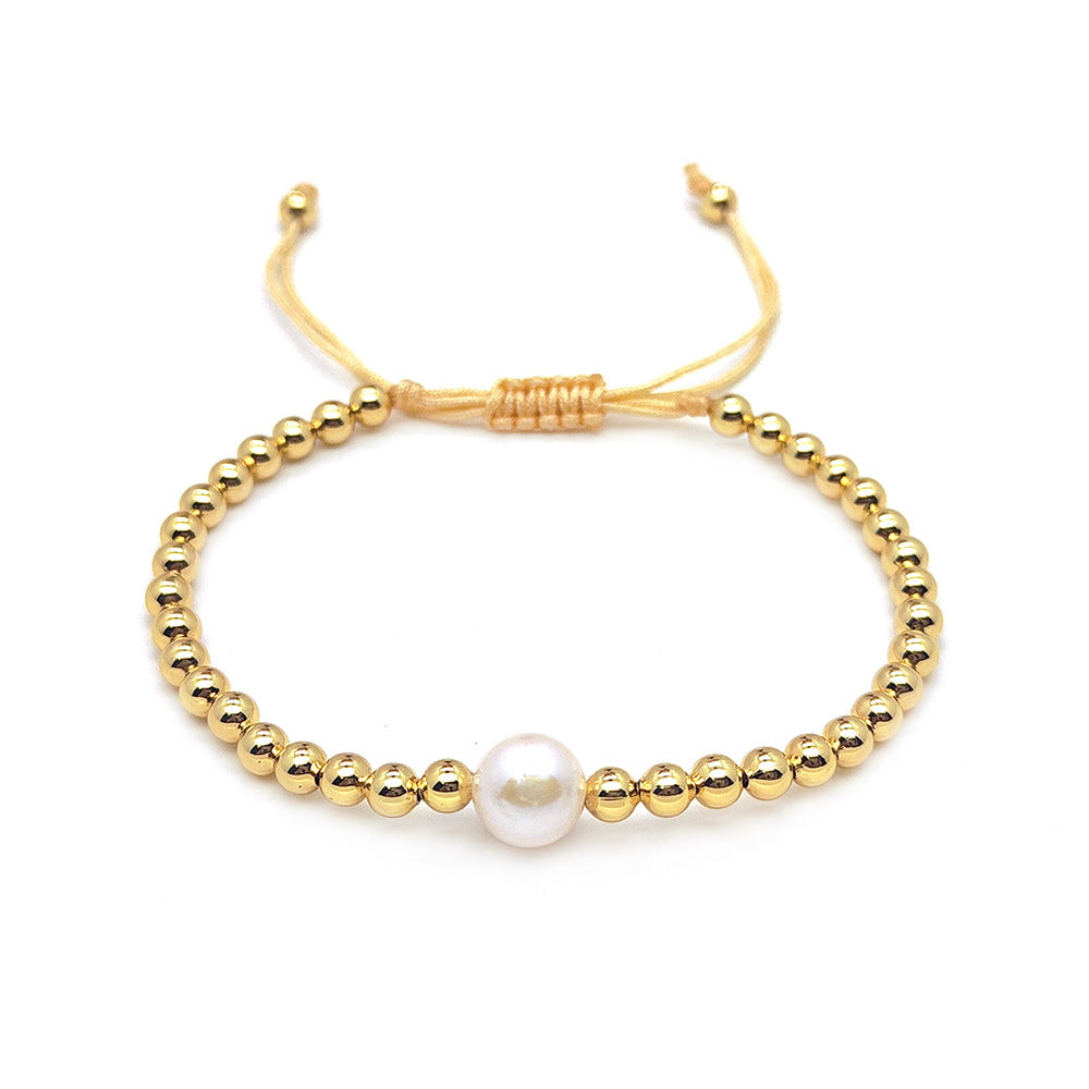 Womens Natural Shell Cross Beaded Copper-Gold-Plated Bracelet