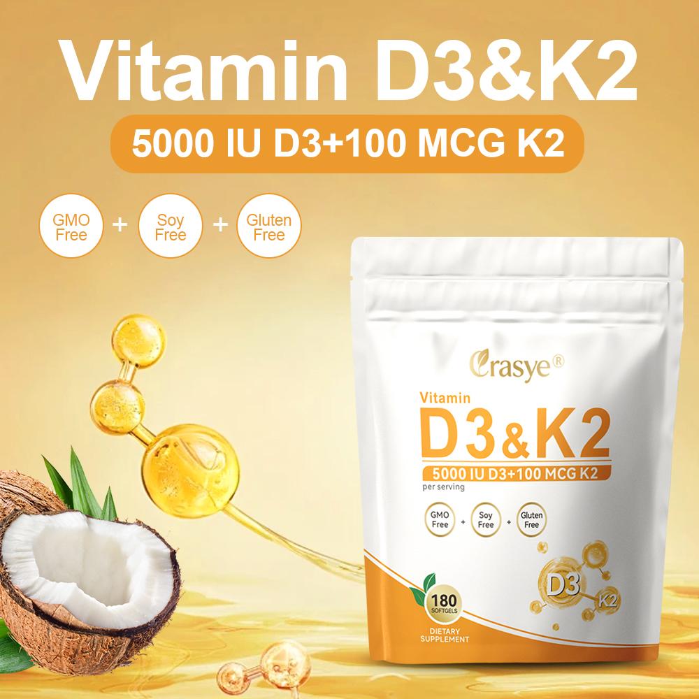 VitaminD3 K2 Softgels HighPotency Formula With Virgin Coconut Oil, 180 Count 2-in-1 Vitamin D & K Supplement Supporting Bone, Heart, And Immune Health