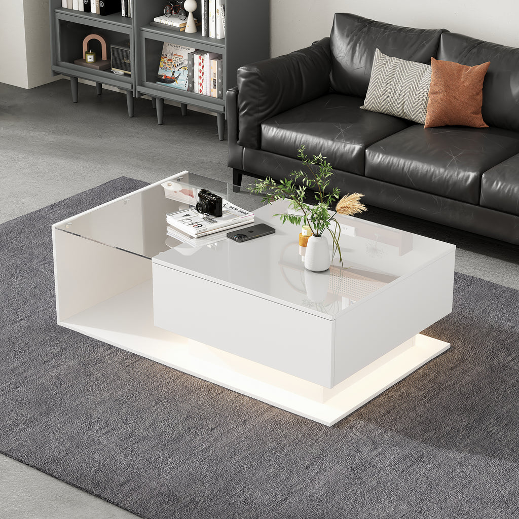 High Gloss White Coffee Table 100x50x32 Cm - With Glass Top And Drawers, Scratch-resistant, With 1 Drawer, With LED Lighting, Modern Style
