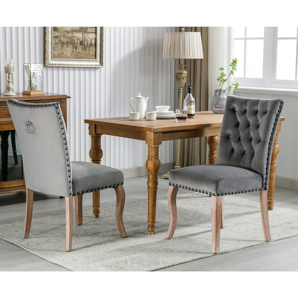 Dining Chair Kitchen Chair Living Room Chair With Unique Door Clamp On The Back, 2 Pieces, Upholstered Chair With Nail Head Occupation, Legs Made Of Solid Wood, Velvet Cover, Grey