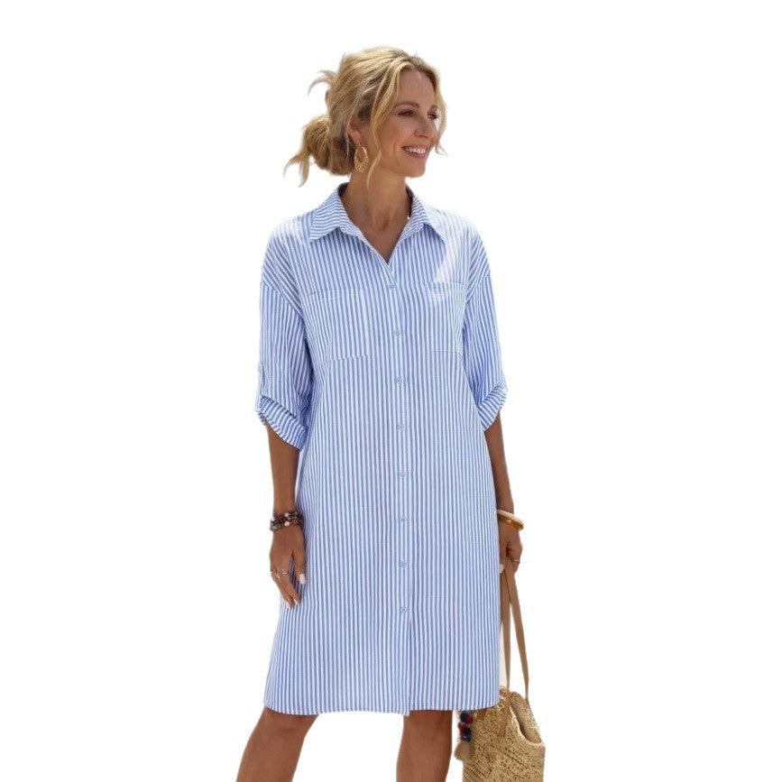 Womens Striped Printed Front-Button Pocket Dress