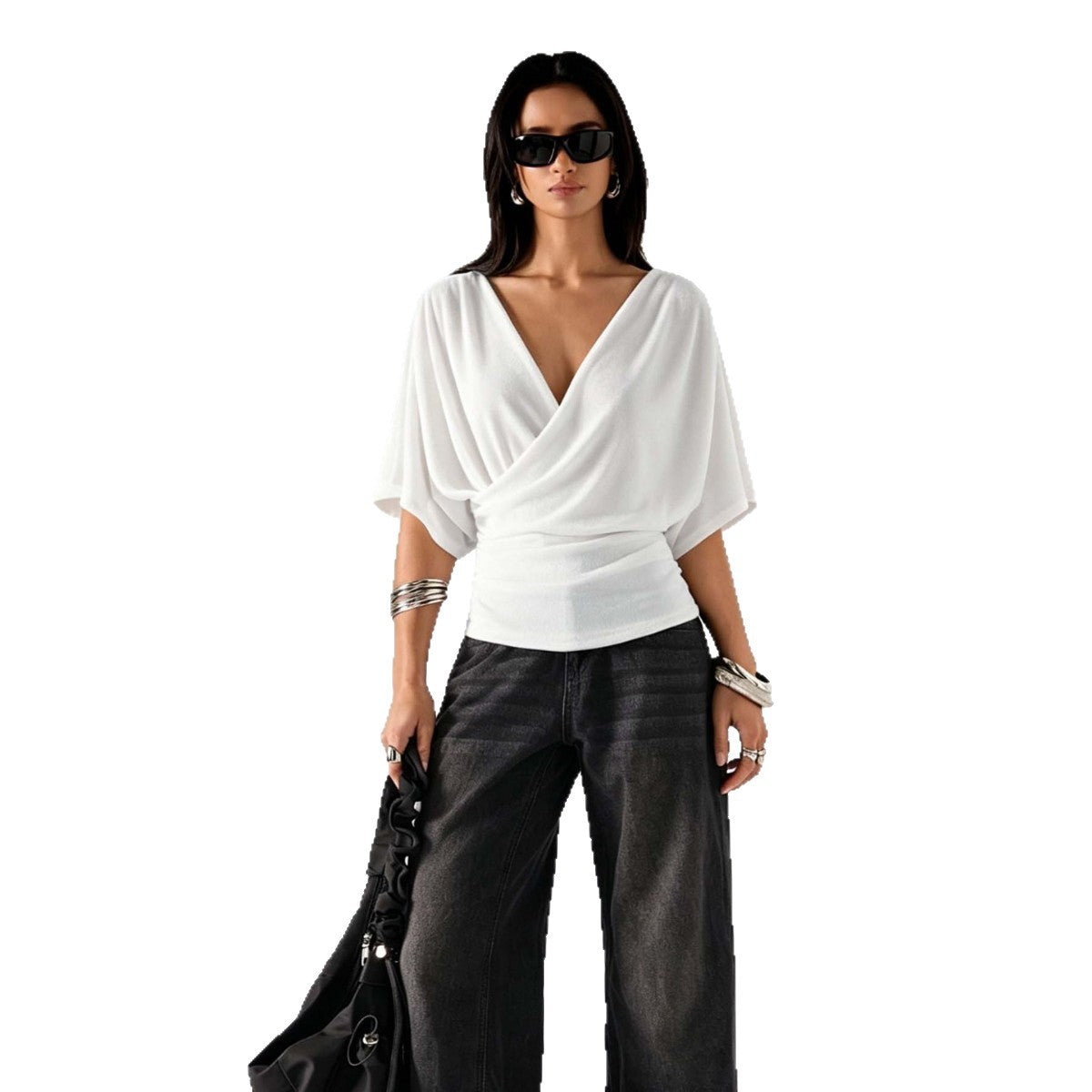 Womens French-style Cross V-Neck Batwing-Sleeve Top