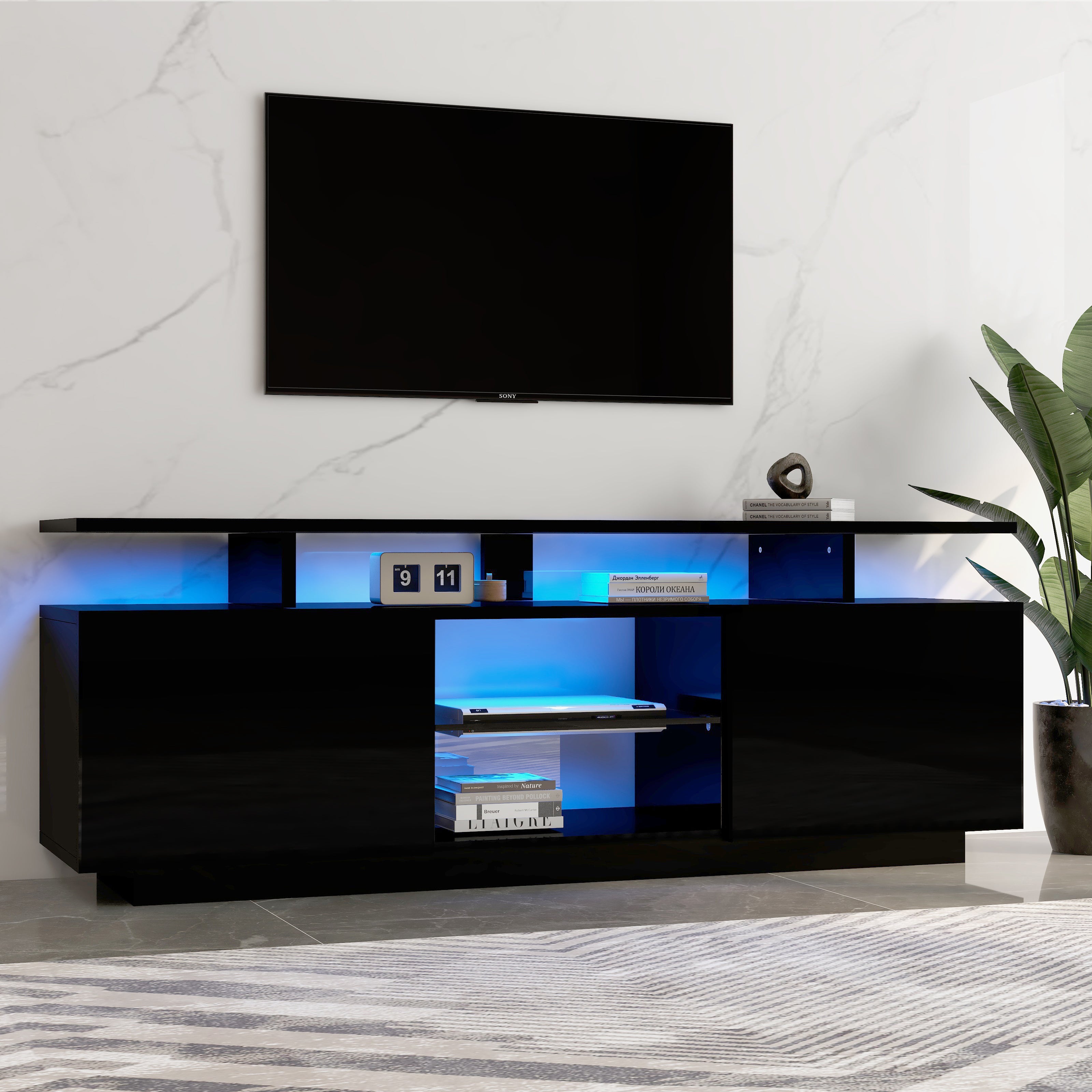 312074075AAB Black TV Cabinet With 16-Color LED Lighting, 1.4 M Length  Stylish -Storage Cabinet For 60-Inch TV, 16-Color Light Strip, High-Gloss Door Panel With Glass Compartment, TV Board
