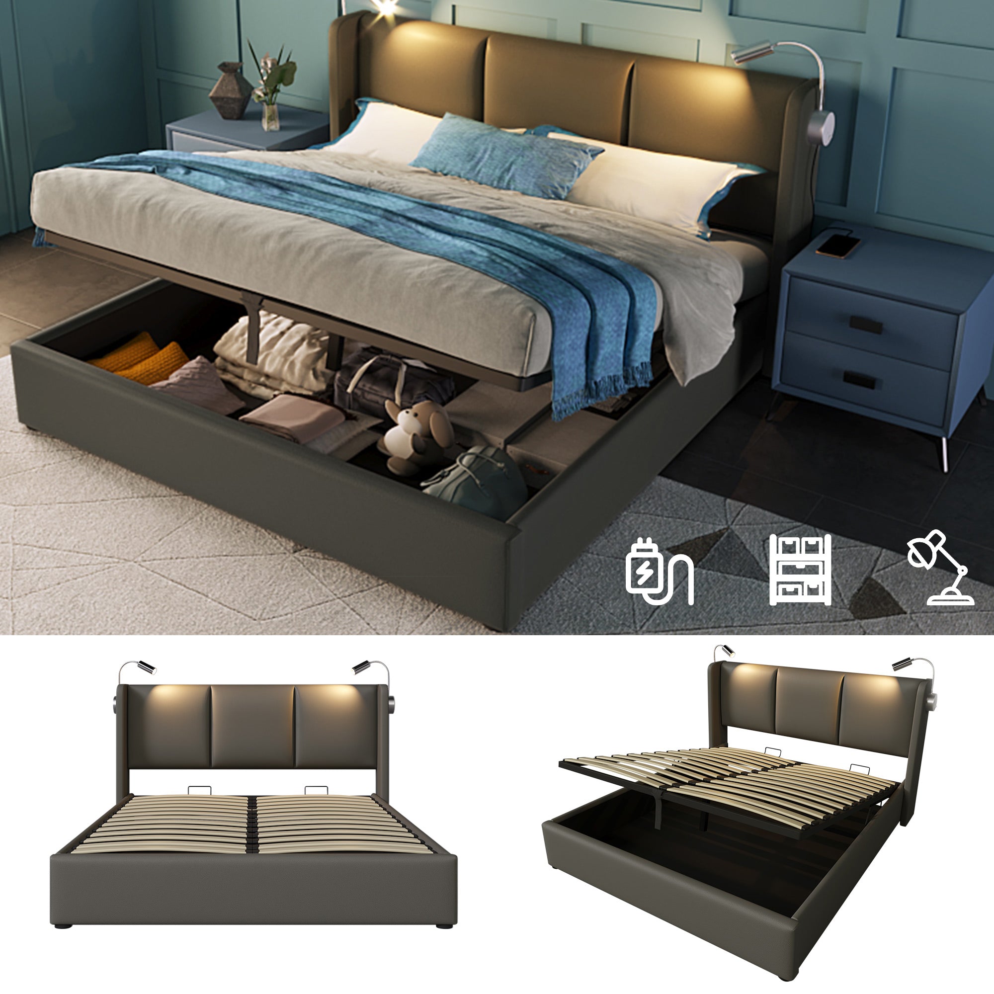 Upholstered Bed, Double Bed, Storage Box, Reading Light With Charging Function, Headboard, Storage Beds, Bed Frame, PU Youth Bed 160x200 With Slatted Base  Without Mattress