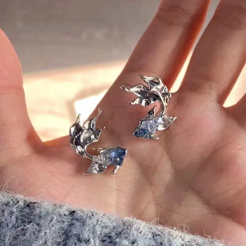 Mosquito Coil Pad Clip On Earrings, Cold Tone Gradient Blue Goldfish Studs, Niche Unique Love And Deepspace Qi Yu Peripheral Cosplay Ear Jewelry For Women