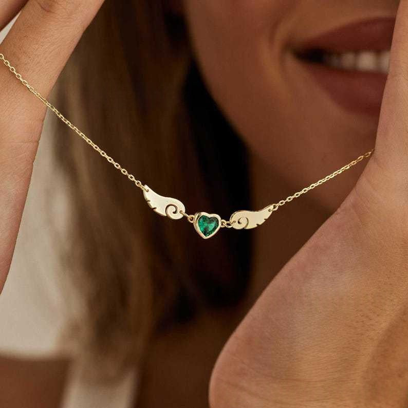 European And American Style Engraved Angel Wings Birthstone Love Zircon Necklace