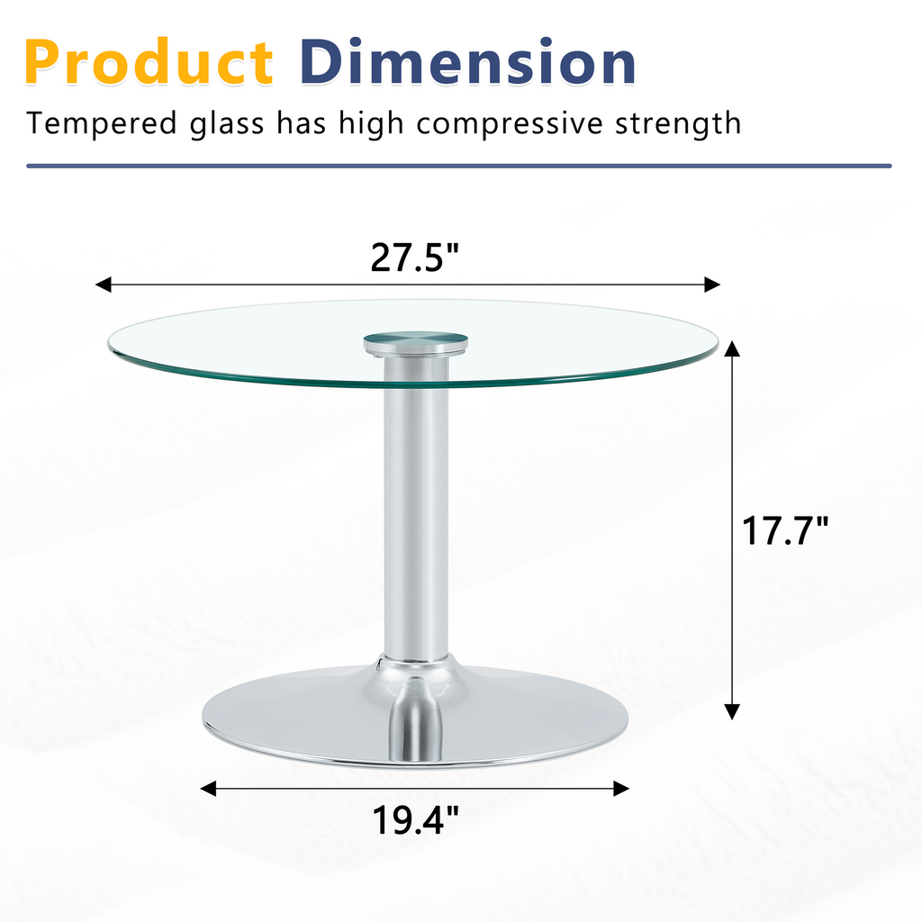 27.5-inch Diameter Round Tempered Glass Coffee Table. 17.7 Inches High, Supported By A Silver Metal Base, With A Light Luxury Edge.