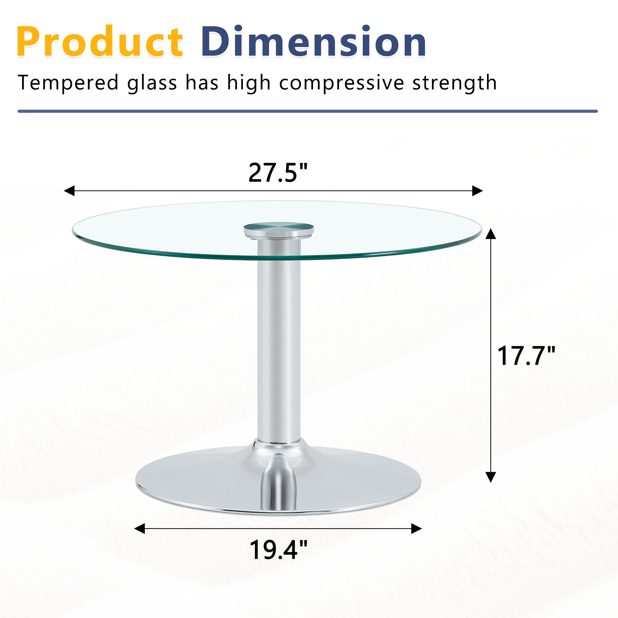 27.5-inch Diameter Round Tempered Glass Coffee Table. 17.7 Inches High, Supported By A Silver Metal Base, With A Light Luxury Edge.