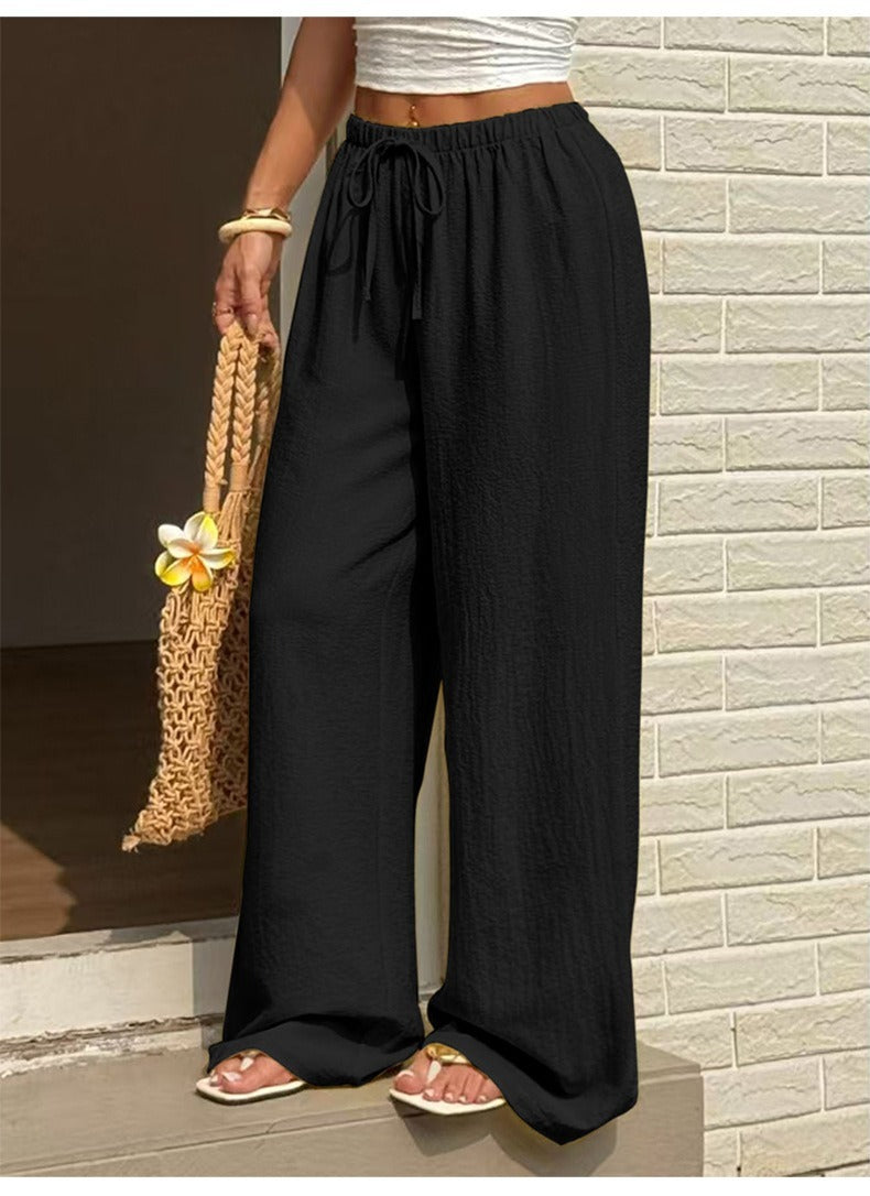 2026 Spring Summer Hot Sale Solid Color Casual Loose Tie Wide Leg Pants For Women
