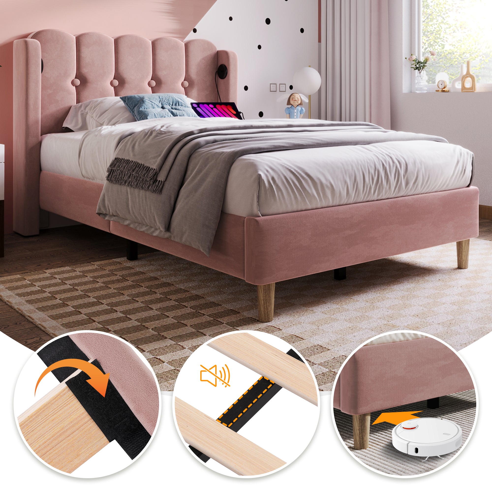 Sofa Bed With USB Type C Charging Function, Bed Frame With Baroque, Cushioned Bed In Pink, 90 X 200 Cm Bed Frame For Youth Bedroom Guest Room - Velvet
