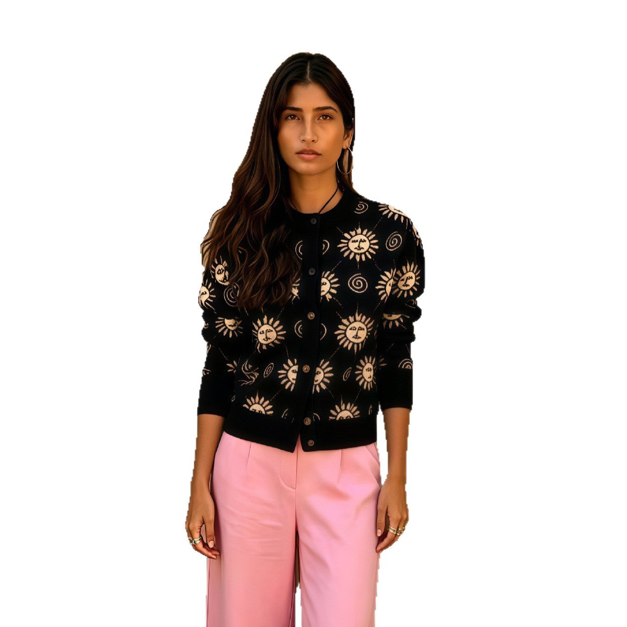Spring And Autumn Vintage Knit Cardigan Paired With Draped Wide-leg Pants