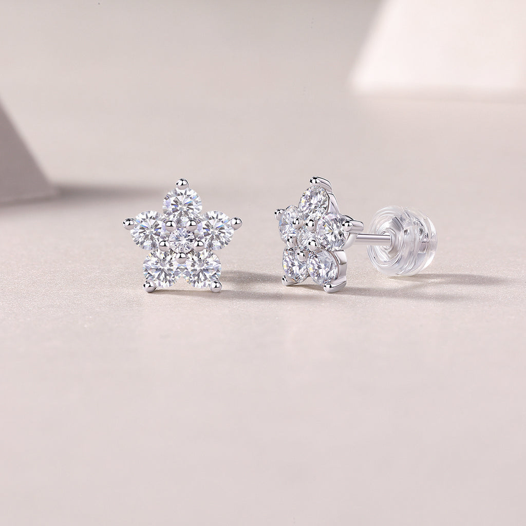 S925 Sterling Silver Flower Stud Earrings, D-VVS1 Moissanite Cluster, 1.4g Lightweight With Silicone Backs, Gift Box