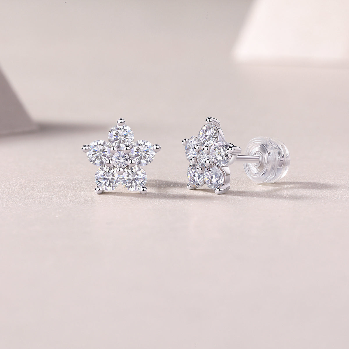 S925 Sterling Silver Flower Stud Earrings, D-VVS1 Moissanite Cluster, 1.4g Lightweight With Silicone Backs, Gift Box