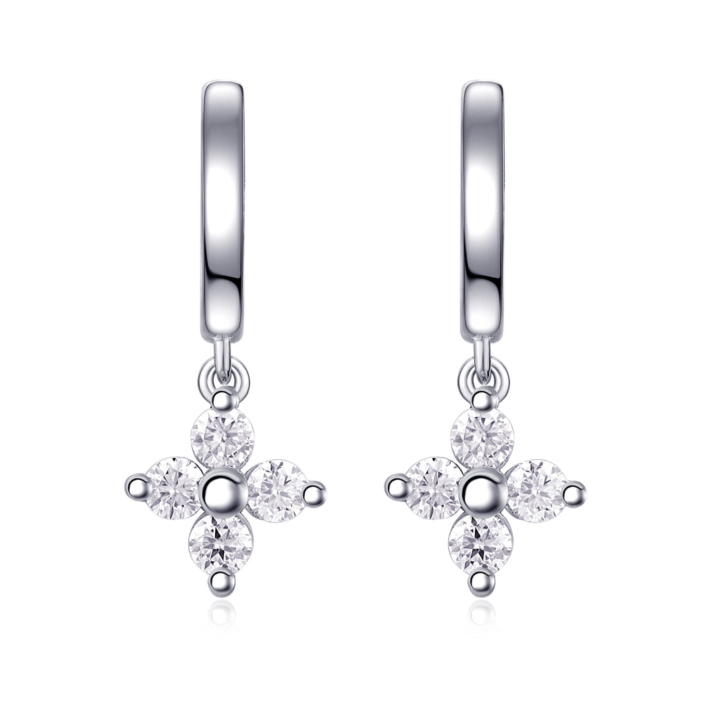 S925 Sterling Silver Clover Drop Earrings, D-VVS1 Moissanite Huggie Dangle, Platinum Plated 3.8g Women's Jewelry Gift Box
