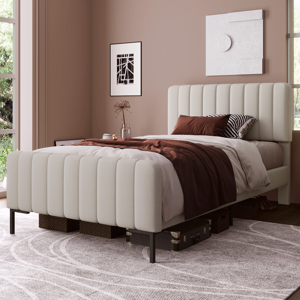 Upholstered Single Bed 90 X 200 Cm, Bed Frame With Lattice And Adjustable Head, Upholstered Bed In Grey-Beige, Bed Frame Youth Bed For Bedroom Guest Room Linen Material With Mattress
