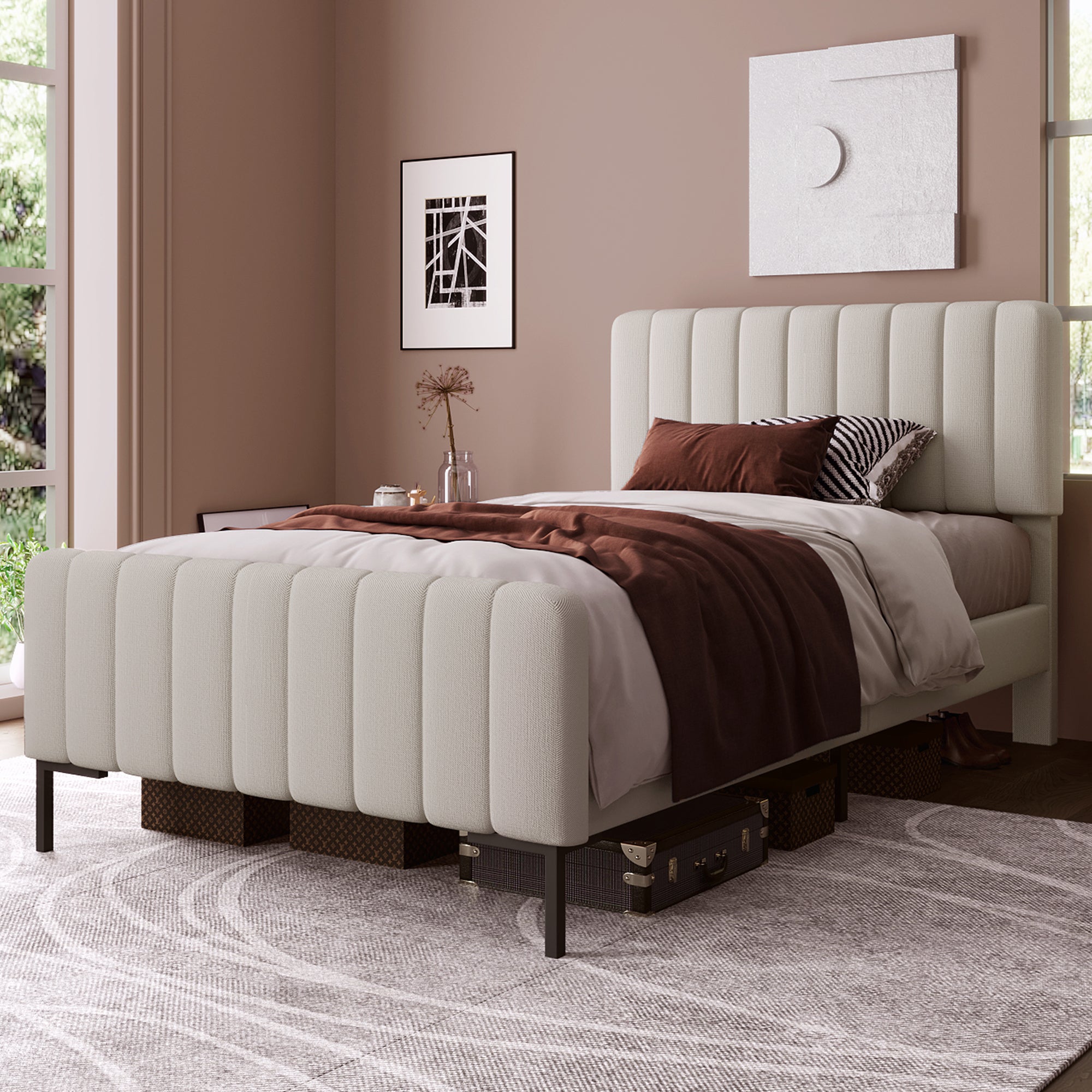 Upholstered Single Bed 90 X 200 Cm, Bed Frame With Lattice And Adjustable Head, Upholstered Bed In Grey-Beige, Bed Frame Youth Bed For Bedroom Guest Room Linen Material With Mattress