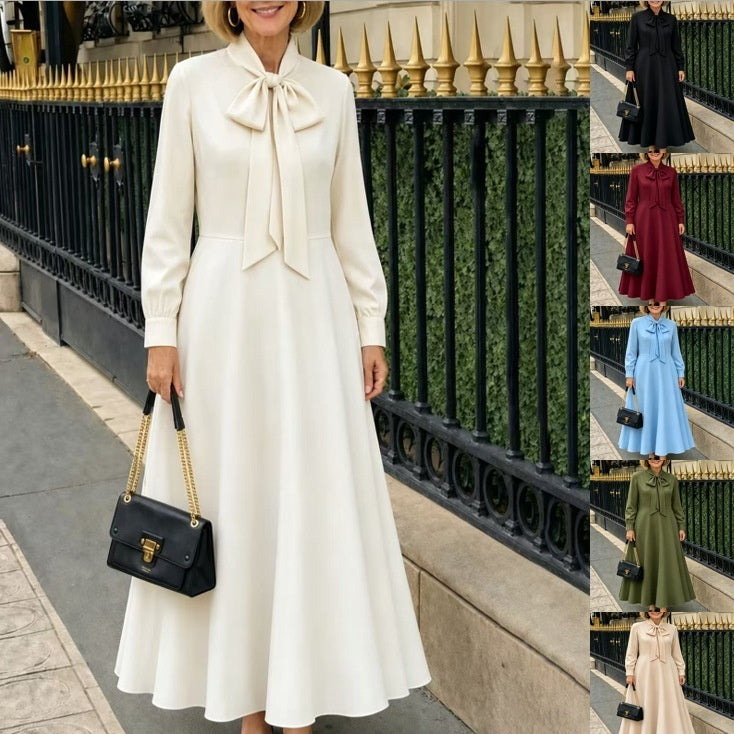 Springautumn Long-sleeve Puff-sleeve Dress With Bow Details At The Hem