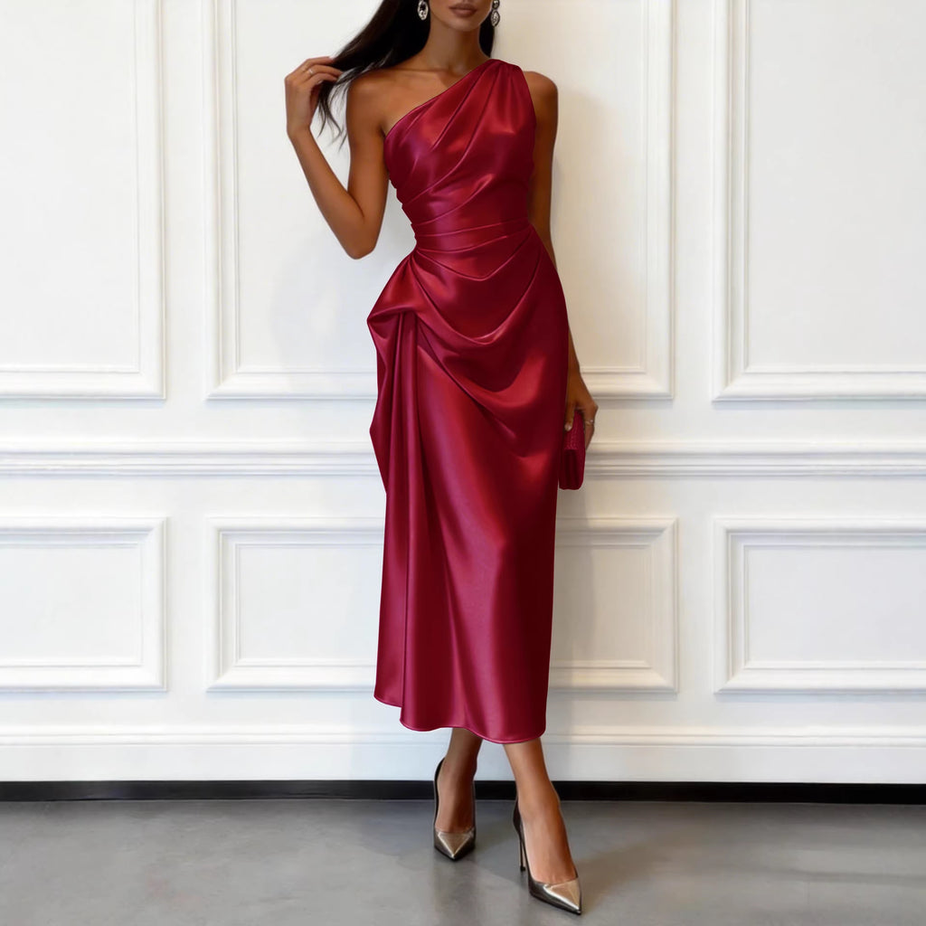 High-elastic Satin Sleeveless Off-shoulder Mid-length Waist-cinching Dress