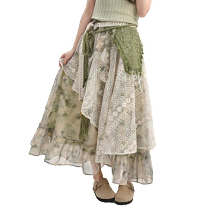 Summer New Irregular Sweet Tie-Dye Print Lace-Patchwork Skirt