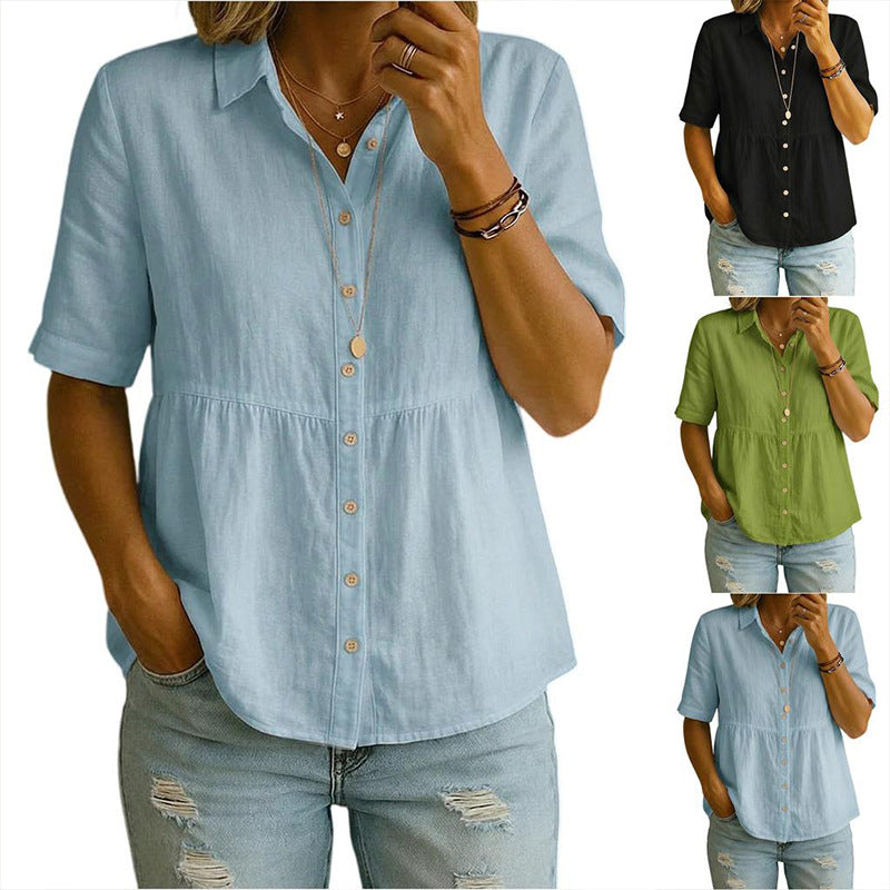 Loose-fitting Cotton-linen Button-down Shirt For Summer
