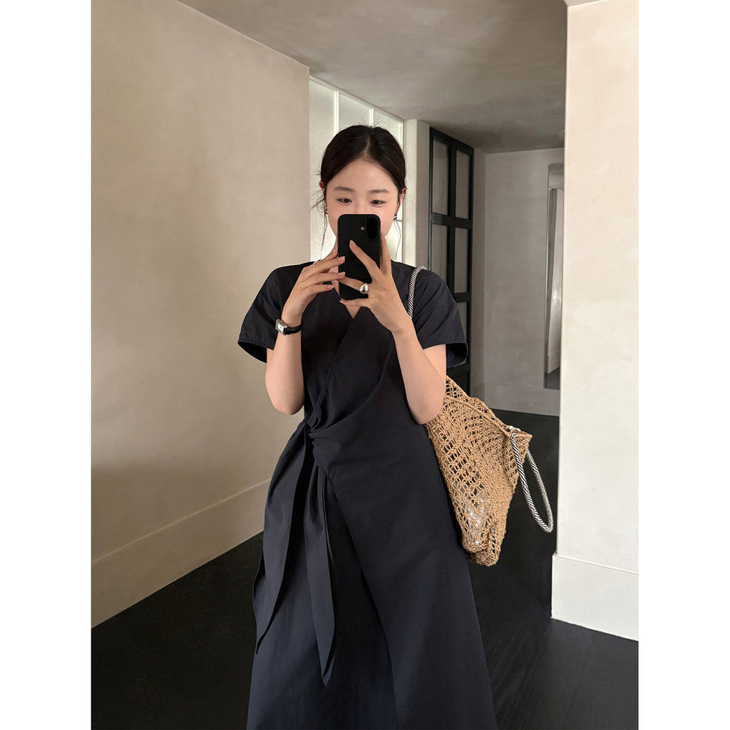 TG Minimalist Relaxed-Feel Wrap V-Neck Lace-Up Dress