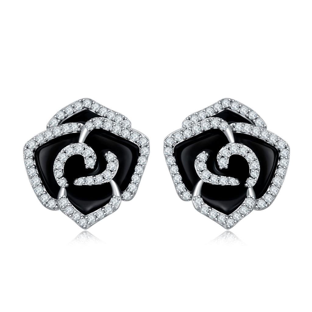 S925 Sterling Silver Black Enamel Rose Stud Earrings, D-VVS1 Moissanite Pave Outline, Platinum Plated 5.2g Elegant Women's Gift Box