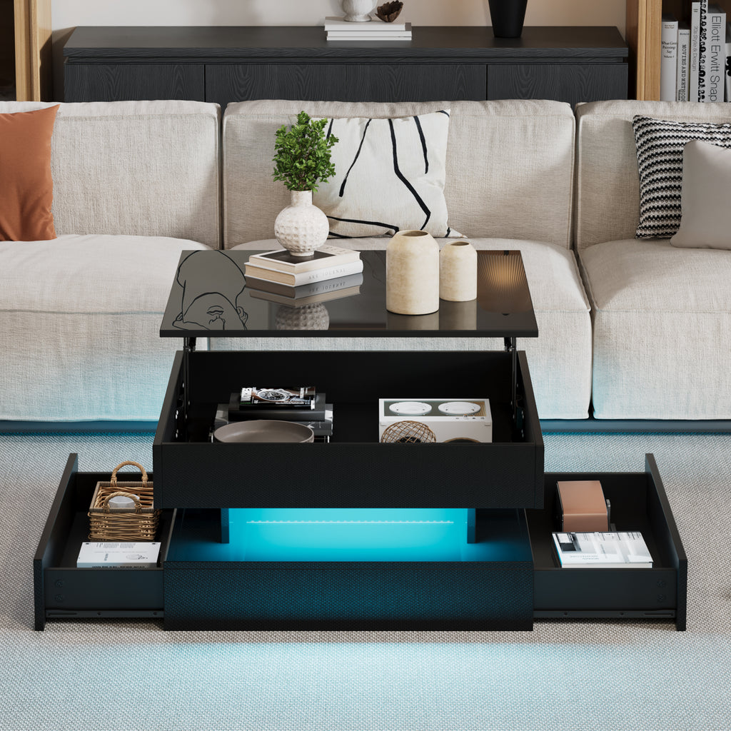 65 X 65 X 38.5 Cm Liftable Living Room Table,Side Table,High Gloss Coffee Table With LED Light Strip, Sofa Table With 2 Drawers, Coffee Table With Geometric Design And Hidden Storage,Black